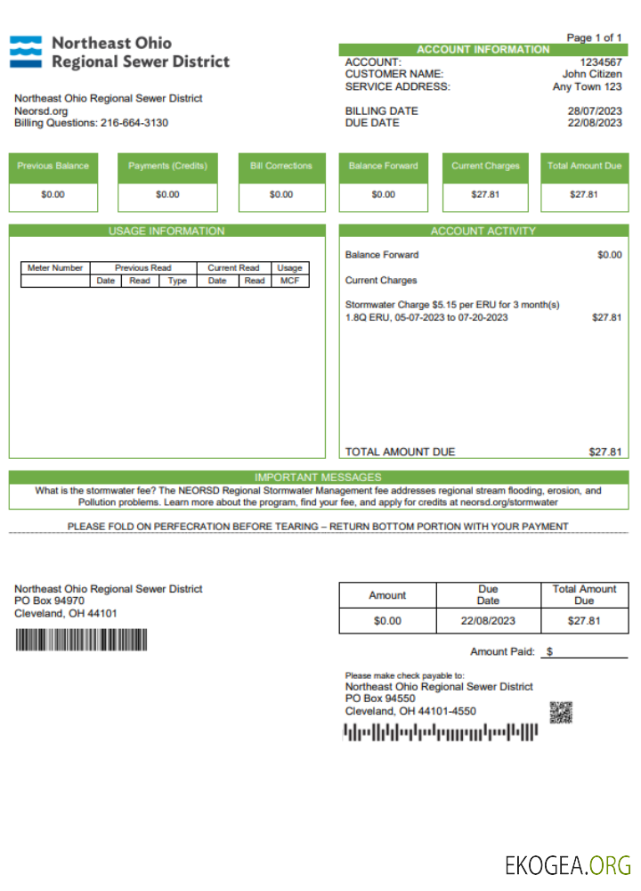 USA Northeast Ohio Regional Sewer District utility bill Word and PDF template